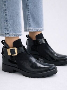 Miista Alexus Black Patent Leather Ankle Boots- Gold Buckle Chunky Lug Sole 37